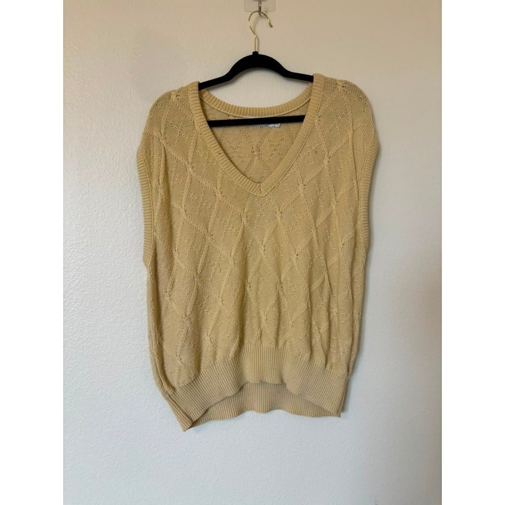 Ashworth Yellow Diamond Cable Knit V-Neck Cotton Sweater Vest Womens Large USA